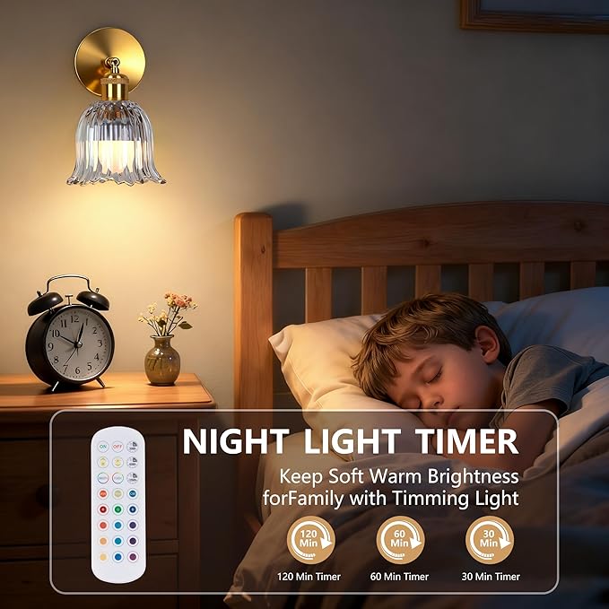 Vintage Battery Operated Wall Sconce with Transparent Stripe Glass Lampshade Rechargeable Battery Powered Wall Light with Remote Control for Bedside Bedroom Bathroom, Set of 2
