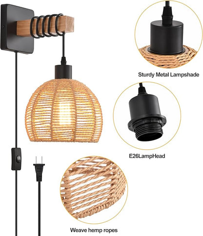 Rustic Wall Sconces Fixtures with Plug in Cord, Set of Two Indoor Vintage Rattan Wall Light Industrial Lamp Fixture Farmhouse Metal Sconces Light for Bedroom Bedside Living Room