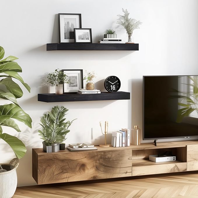 24x6.8x2 Inch Rustic Floating Shelves for Wall Set of 2 - Black Solid Wood Wall Mounted Shelves with Invisible Bracket, Extended Design for Farmhouse Living Room Bedroom Kitchen Decor