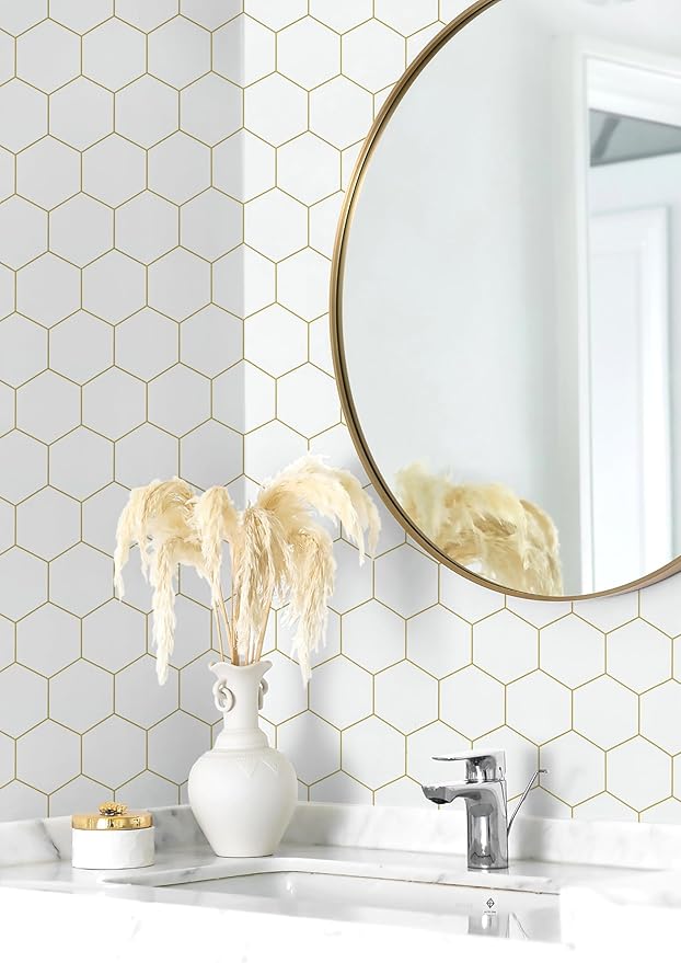 Hexagonal Wallpaper Geometric Peel and Stick Wallpaper 17.3”×393”Gold and White Contact Paper Decorative Shelf Drawer Liner Roll Waterproof