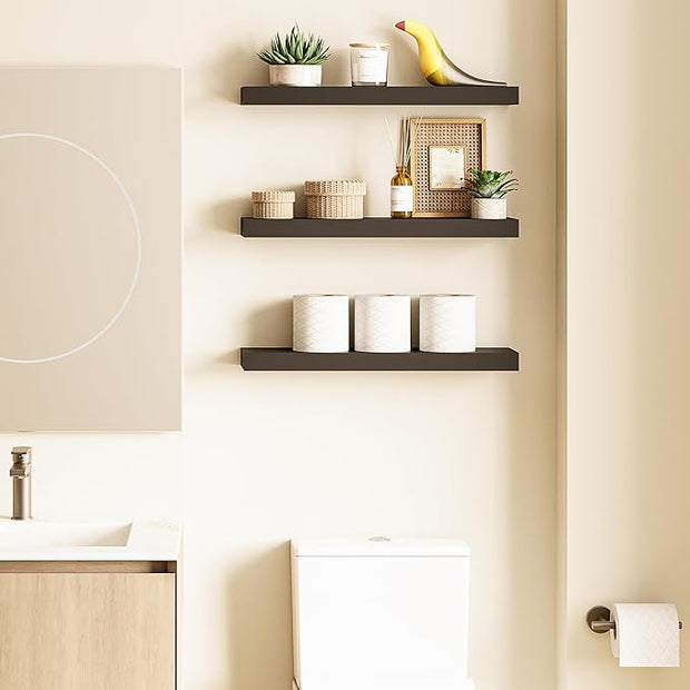 Ballucci Floating Shelves for Wall, 24" Wood Wall Mount Shelf Set of 3, Invisible Brackets Floating Shelf for Decor Living Room, Bathroom, Bedroom, Kitchen, 6" Depth, Black