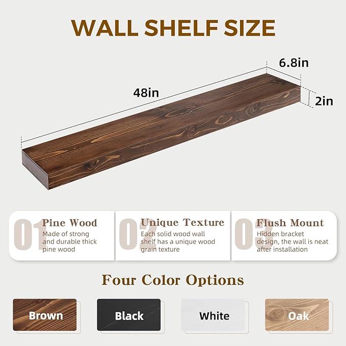 48x6.8x2in Floating Shelf – Natural Brown Solid Wood Rustic Mounted Shelf – Heavy Duty Decorative Storage for Living Room, Kitchen, Bathroom, Bedroom