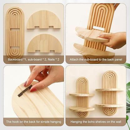 Artilady 2 Pack Boho Wall Hanging Shelf - Handmade 2 Tier Rainbow Arch Solid Wood Floating Shelves Wall Decor Small Trinket Storage Rack for Bedroom Living Room Nursery Bathroom