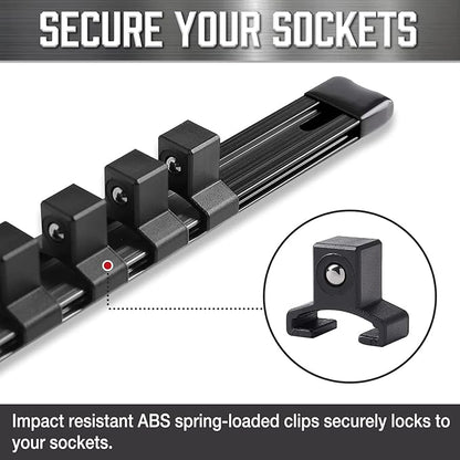 ALOANES 3/8-Inch Drive Aluminum Alloy Socket Organizer, Heavy Duty Socket Racks, Socket Holder Kit for Toolbox Drawer 3/8-Inch x 18 Clips (Black)