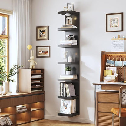 7-Tier Vertical Wall Shelf Unit with USB Rechargeable Led Light (Remote Controlled),Versatile Floating Display Shelves,Lack Style Wall Shelves for Bedroom,Living Room,Office Decor,Vanity-Black