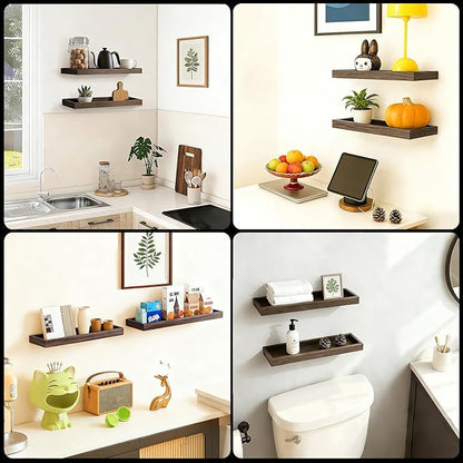 2 Pack 15.7 in Smoke Gray Floating Shelves for Wall, Wooden Wall Shelves for Bedroom Living Room Kitchen, Modern and Rustic Bathroom Shelves with Raised Lip, Floating Shelf for Storage Display