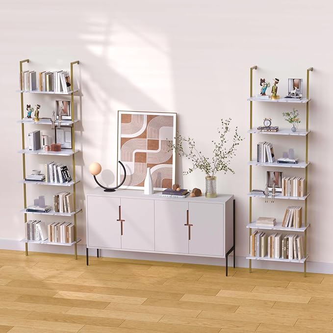 aboxoo Ladder Shelf 6-Tier Bookshelf,White Faux Marble Shelves Wall Mounted Bookshelf Open Storage Rack Display Shelf Plant Stand for Living Room Kitchen Home Office Bedroom