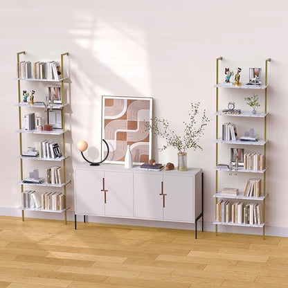 aboxoo Ladder Shelf 6-Tier Bookshelf,White Faux Marble Shelves Wall Mounted Bookshelf Open Storage Rack Display Shelf Plant Stand for Living Room Kitchen Home Office Bedroom