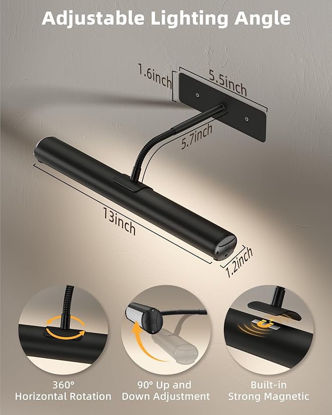 EZVALO 13Inch Wireless Picture Lights, 4000mAh Rechargeable Battery Art Lights with Remote, Dimmable 3 Color Temps LED Painting Lights for Living Room, Bedroom, Hallway (Black, 2Pack)