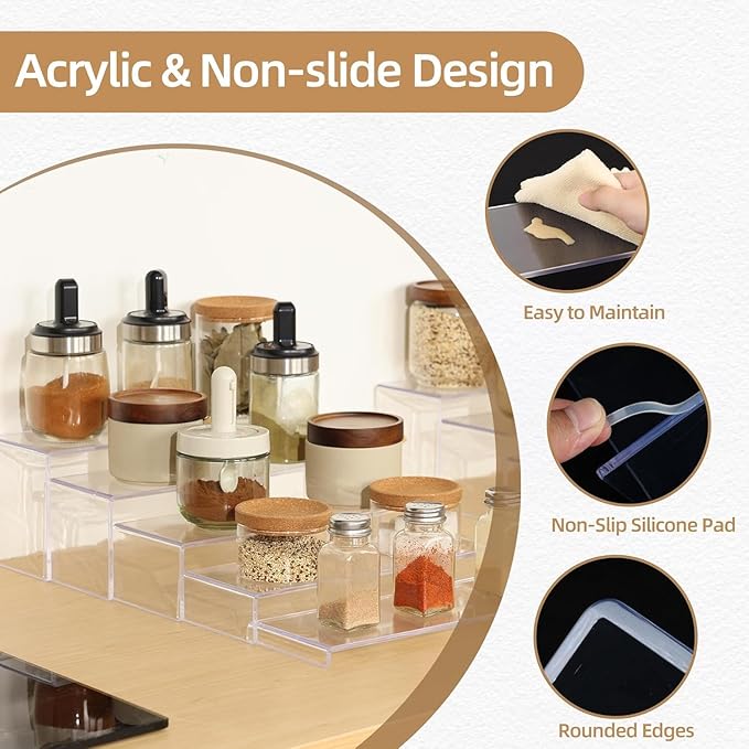 5-Pack Acrylic Spice Rack(10.8"~12.4"L), Seasoning Organizer with Non-Slide Silicone Pads, Clear Cabinet Organizer Shelf for Kitchen Countertop, Cupboard, Pantry, Shelf Riser Rack for Cans and Cups