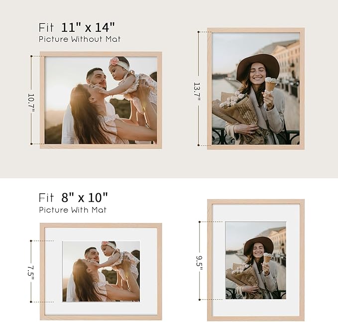 puthiac 11x14 Solid Oak Wood Picture Frame, Fits 8x10 with Mat or 11x14 Without Mat, Wall Display Only, Vertical or Horizontal, Plexi Front, 3 Pack, Natural Oak