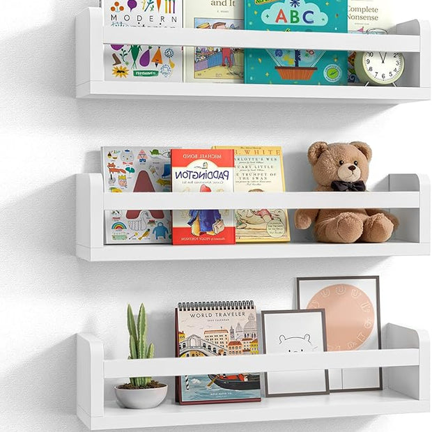 Floating Wall Nursery Book Shelves for Bedrooms Kids 16.5 Inch White Wooden Baby Book Shelf for Kids Rooms Set of 3 Nursery Shelves for Wall Mounted Toddler Bookshelf for Kids Wall