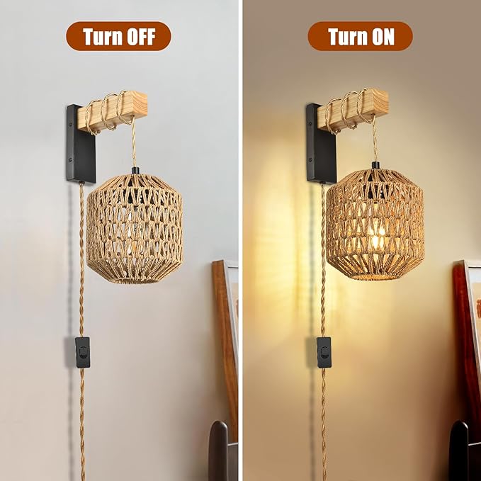 Rattan Plug in Wall Sconces Set of Two, Hand Woven Boho Wall Lamp Plug in Cord Wall Sconces for Bedroom Living Room Farmhouse