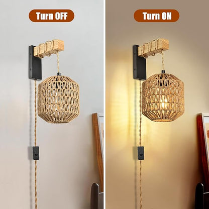 Rattan Plug in Wall Sconces Set of Two, Hand Woven Boho Wall Lamp Plug in Cord Wall Sconces for Bedroom Living Room Farmhouse