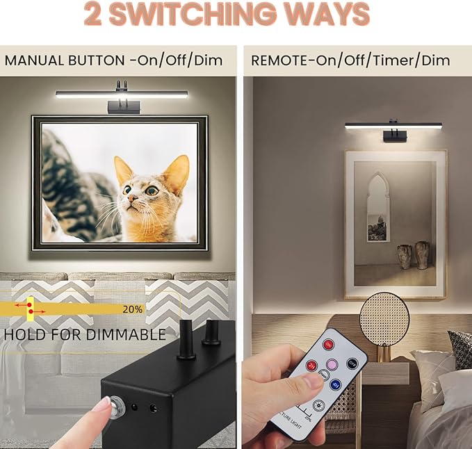 FUNCHDAY Dimmable Picture Light with Remote, 2 Colors Wireless Art Lights for Wall, 5000mAh Rechargeable Battery Gallery Pictures Lights, 16in Metal Display Light for Photo,Frame (Black)