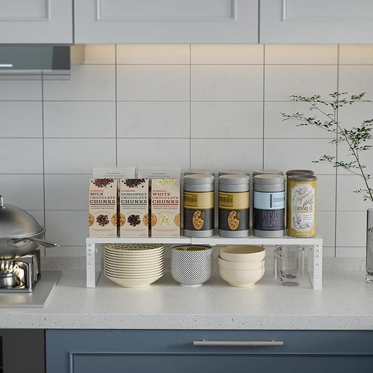 Expandable Cabinet Shelf Organizer Storage Spice Rack Shelves for Kitchen Stackable Adjustable Pantry Cupboard Bathroom Countertop Desktop(1Pack/White/Large-with Hole)