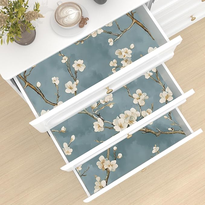 Blue Floral Wallpaper Peel and Stick Vintage White Flowers Contact Paper Vinyl Self Adhesive Removable Retro Cherry Blossom Wall Mural Wall Paper for Room Walls Shelve Cabinet Table Decor 17.5