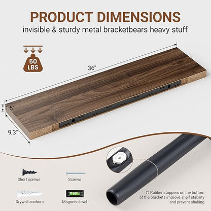 Heimlove Floating Shelves for Wall 36 Inches Long,9.3" Deep Walnut Floating Shelf Set of 2,Wall Mounted Shelves for Bathroom Bedroom Living Room Kitchen Office,Shelf for Books Storage,Home Decor