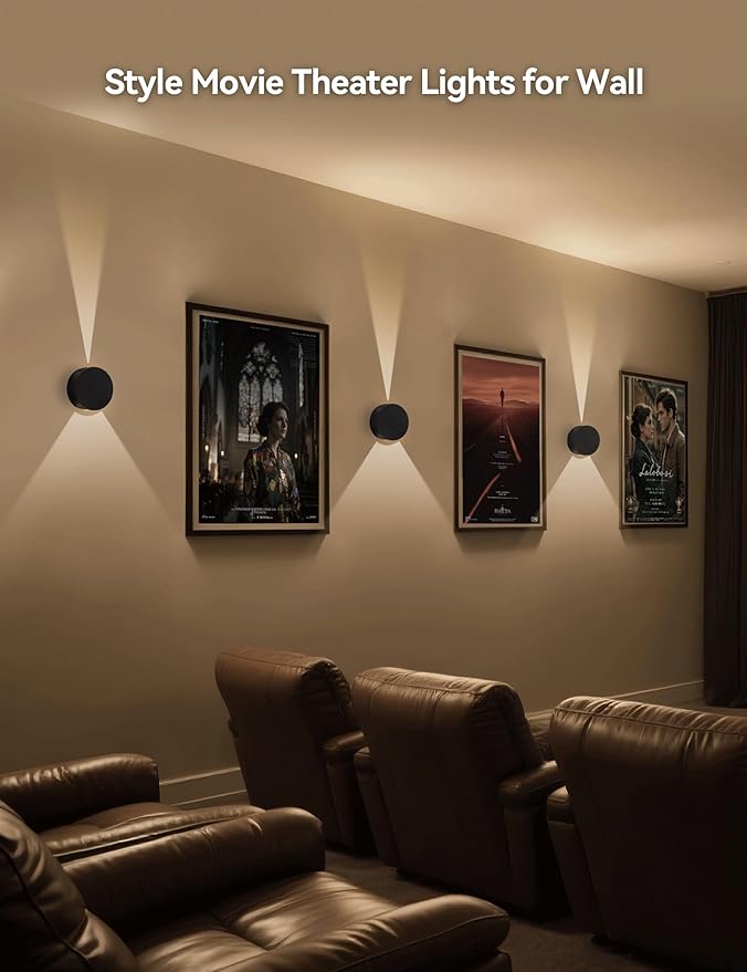 Tubicen LED Wall Sconces Set of 2 Dimmable Home Theater Sconces Beam-Adjustable Up and Down Wall Lights Indoor 6W Black Round Small Wall Sconces for Living Room Bedroom Hallway Stairs Hardwired