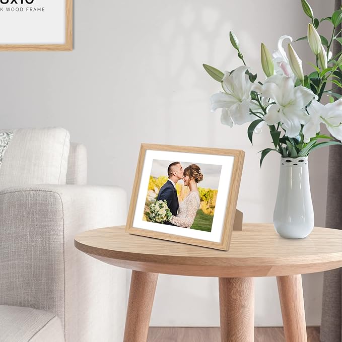 puthiac 8x10 Solid Oak Wood Picture Frame, Fits 6x8 with Mat or 8x10 Without Mat, Wall or Tabletop Display with Stand, Vertical or Horizontal, Plexi Front, 1 Pack, Natural Oak