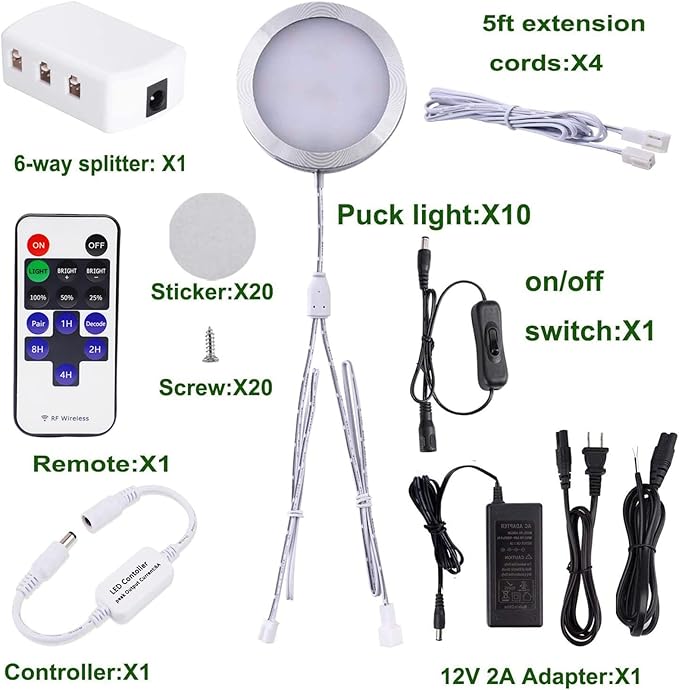 AIBOO Linkable Under Cabinet LED Lighting 12V Dimmable Puck Lights with Wireless RF Remote Control, Hardwired & Wall Plug in for Furniture Cupboard Lighting(10 Lights, Warm White)