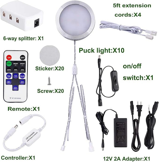 AIBOO Linkable Under Cabinet LED Lighting 12V Dimmable Puck Lights with Wireless RF Remote Control, Hardwired & Wall Plug in for Display Lighting(10 Lights, Daylight White)