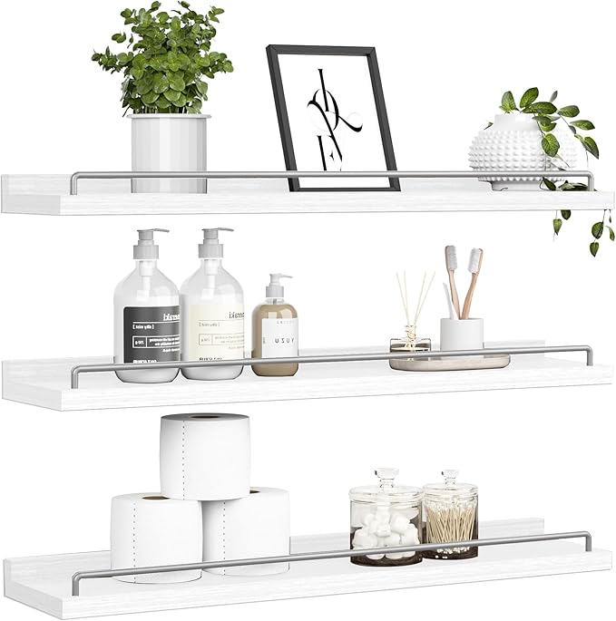32 inches Long Floating Shelves, Bathroom Decor Shelves Over Toilet, Farmhouse Wall Shelves for Living Room, Bedroom, Picture Frames, Plants, Kitchen, Set of 3 (White and Grey)