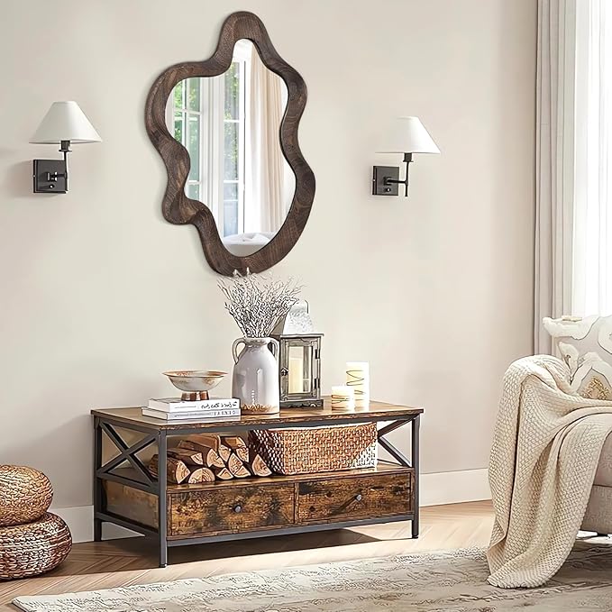Asymmetrical Wavy Mirror for Wall Decor - Large Cute and Stylish Unique Wooden Framed Artistic Cloud Mirror, 21.6