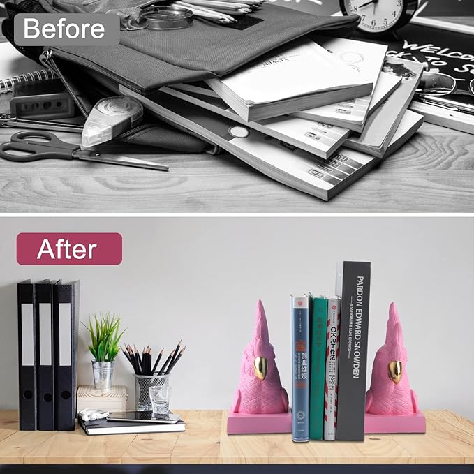 Pink Parrot Decorative Bookends,Set of 2 Cute Bird Animal Sculpture Book Ends to Hold Hevay Duty Books,Unique Resin Statues Book Stopper for Home Office Desk Bookshelf Decor