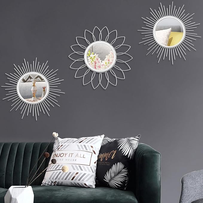 3 Pack Metal Mirrors for Wall Sunburst Wall Mirrors Home Décor Decorative Hanging Wall Art for Living Room Bedroom Entryway (Silver, Flower+Sunburst)