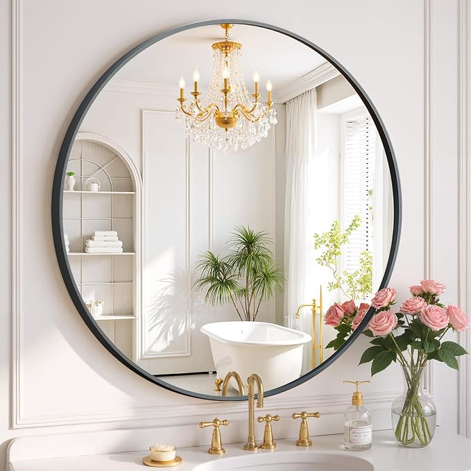 Round Wall Mirror 20 Inch Black Vanity Mirror with Metal Frame, Modern Circle for Bathroom, Entryway, Bedroom, Living Room, Wall Mounted Decorative Mirrors
