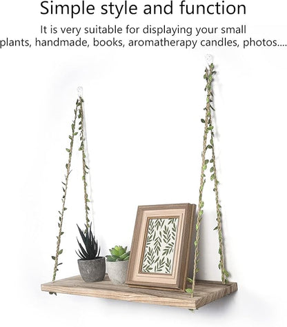 MITIME Hanging Shelves for Indoor Wall and Window - Floating Wall Shelves for Plant Display, Boho Style Home Decor.(Leaf Rope, Light Color,Large*2)