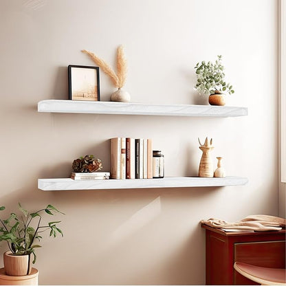 Floating Shelves 36 Inches Long, Set of 2 Solid Rustic Wood Wall Mounted Shelves, Wall Picture Ledge Shelf with Invisible Metal Brackets for Living Room, Bedroom, Bathroom, White