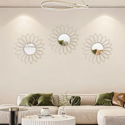 3 Pack Metal Mirrors for Wall Sunburst Wall Mirrors Home Décor Decorative Hanging Wall Art for Living Room Bedroom Entryway (Silver2, Flowers)
