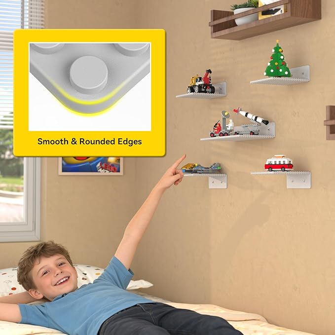 BlissBox 6-Pack Floating Display Shelves for Wall Compatible with Lego Building Bricks, 5 × 5.5 Inch Dual-Sided 16 × 17 Studs for Brick Storage and Display, ABS Display Shelf for Room Decor, Gray