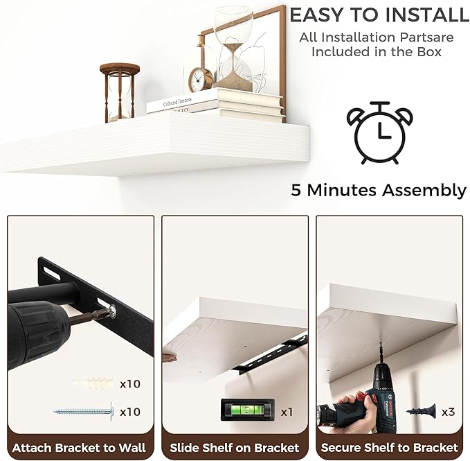 Floating Shelves for Wall, 36" W x 12" D x 2" H, 2 Pack of Long Wall Mounted Engineered Wood Shelves with Invisible Brackets for Living Room, Bedroom, Bathroom, Kitchen Decor, White