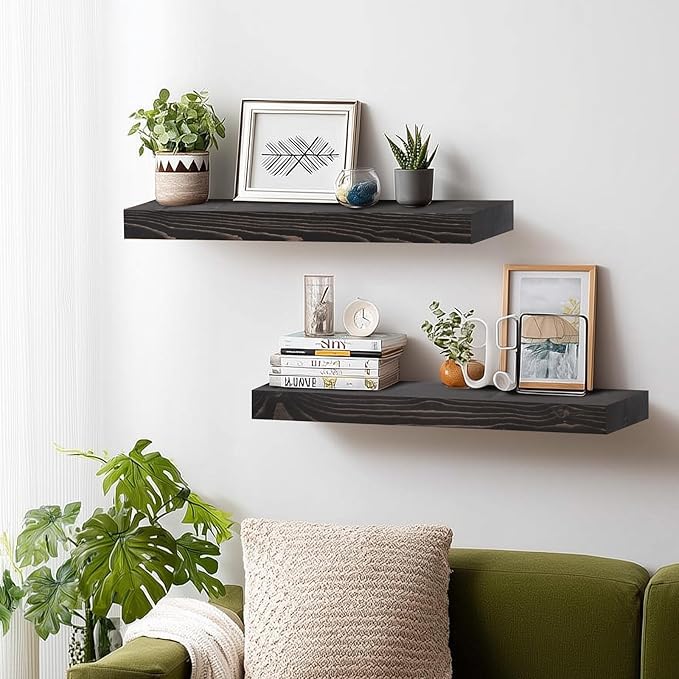 24x8x1.6 inch Floating Shelves Set of 2 – Solid Wood Rustic Black Wall Mounted Shelf for Kitchen, Bathroom, Living Room