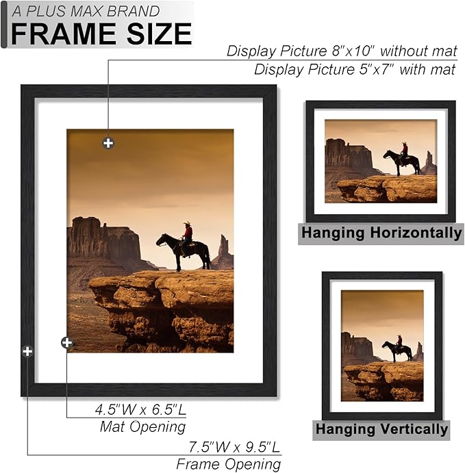 A PLUS MAX 8x10 Picture Frame Set of 6, Engineered Wood Frame Display Photo 5x7 with Mat or 8 x 10 without Mat, 8by10 Frame with Black Wood Grain for Wall - 6 Pack/Black/8