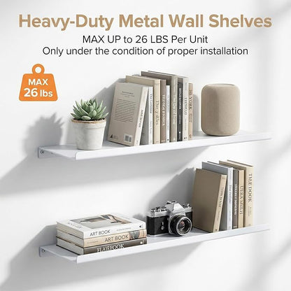 SRIWATANA White Metal Wall Shelves, 2 Set Floating Shelves for Bedroom, Living Room, Bathroom, Kitchen - Matte White