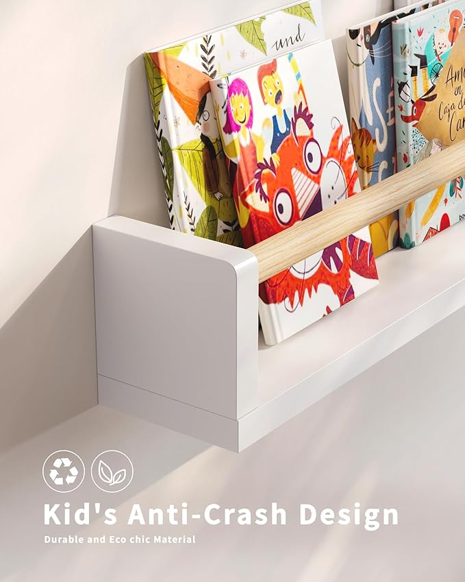Nursery Book Shelves, 4 Pack, Wall Book Shelves for Kids Room, Baby, Toddler, Nursery Decor (White Wood, 16.6 Inches)