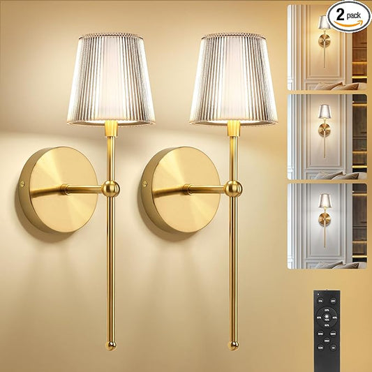 Kimjo Battery Operated Wall Sconce Set of 2, 5200mAh Rechargeable Wireless Wall Sconces Lights with Dimmable Timer Remote, Cordless Gold Wall Light for Bedroom Living Room Hallway Decor