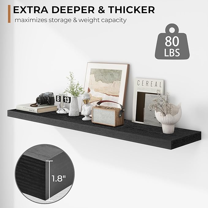 Fun Memories Floating Shelves - 12 Inch Rustic Wooden Wall Shelves - Extra Deeper & Thicker Wall Mounted Storage Shelf for Living Room, Kitchen, Farmhouse - 55