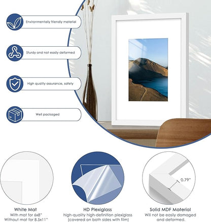 PEALSN 9x12 Picture Frame Set of 6, Display Pictures 6x8 with Mat or 9x12 without Mat for Wall Mounting or Table Top Display, Photo Frames Collage for Wall Decor, White.