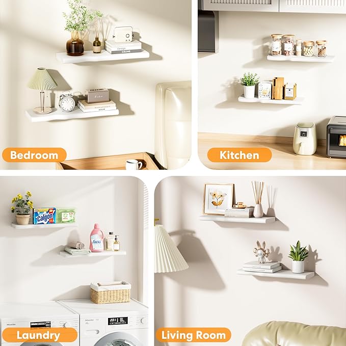 Floating Shelves for Wall Rustic Farmhouse 24 Inch Floating Shelf Bathroom Wooden Shelves for Wall Mounted Live Edge Pine Shelf with Unique Natural Grain for Living Room Bedroom Kitchen (White)