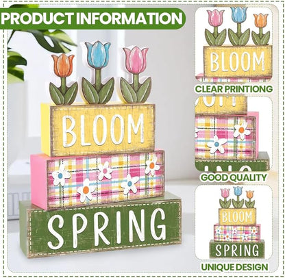 DIYDEC 6Pcs Spring Tabletop Decorations Tulip Wooden Block Signs Rustic Pastel Tulip Tiered Tray Decor Spring Centerpiece Farmhouse Wood Flower Table Sign for Kitchen Home Office Party Decor