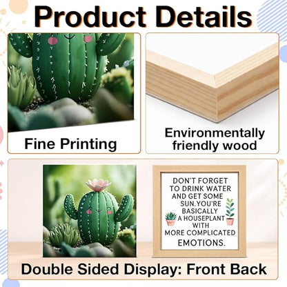 Funny Houseplant Decor Sign - Office Gift for Plant Lover - Double-sided Cactus Decor for Tiered Tray Table Desk Shelf Decoration