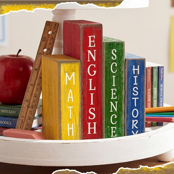 4 Pcs Back to School Table Decoration Wooden Subject Decoration Welcome Back to School Tiered Tray Decor Wood Book Sign Farmhouse for Class Party Home Shelf Coffee Table