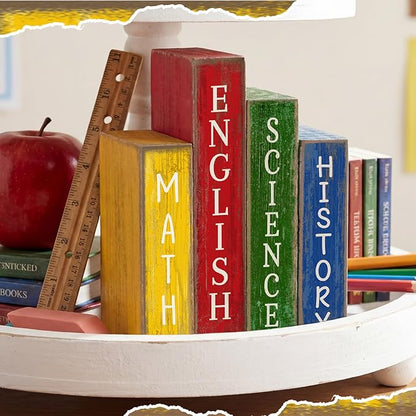 4 Pcs Back to School Table Decoration Wooden Subject Decoration Welcome Back to School Tiered Tray Decor Wood Book Sign Farmhouse for Class Party Home Shelf Coffee Table