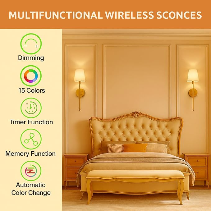 Wireless Wall Sconces Set of 2 with Remote — Gold Pleated Shades Cordless Rechargeable E26 Bulbs, 12 RGB Colors + 3000K/4000K/6000K, Dimmable Wall Mounted Lamps for Bedroom Living Room Hallway