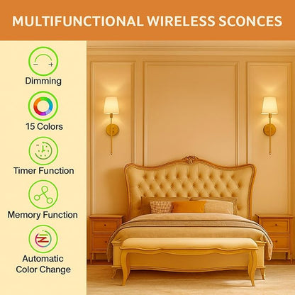 Wireless Wall Sconces Set of 2 with Remote — Gold Pleated Shades Cordless Rechargeable E26 Bulbs, 12 RGB Colors + 3000K/4000K/6000K, Dimmable Wall Mounted Lamps for Bedroom Living Room Hallway